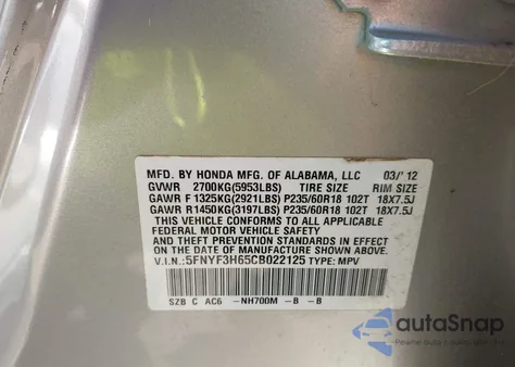 2012 Honda Pilot Ex-L z USA, uszkodzony, nr VIN 5FNYF3H65CB022125